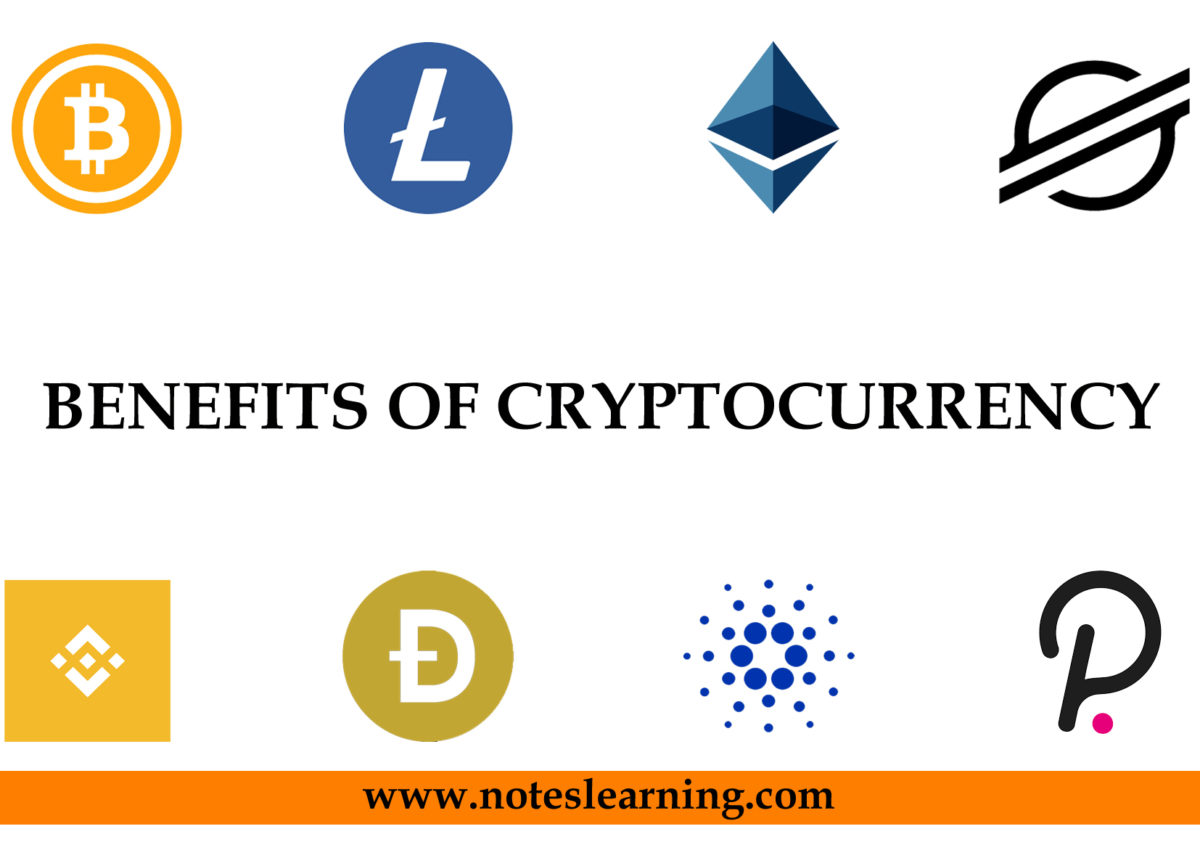 This is a cover-page for article in noteslearning.com about benefits of cryptocurrency